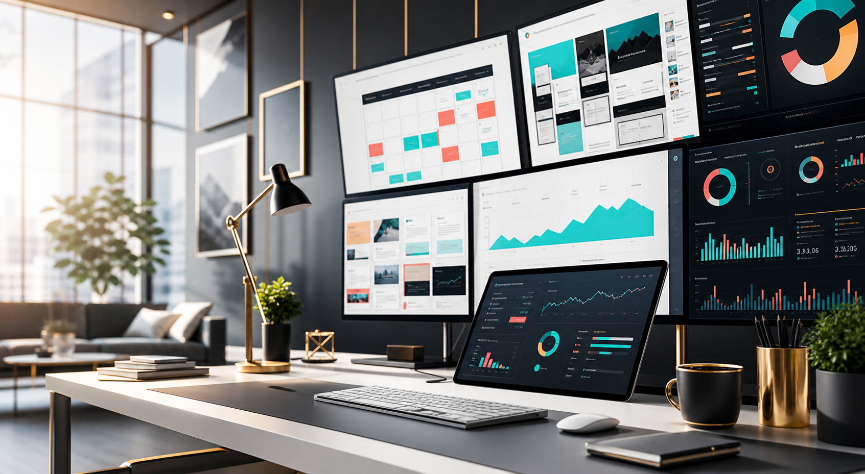 A premium digital marketing workspace with social media calendars, website wireframes, and analytics dashboards.